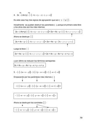 79
4. 2x - (-4x+y) - [ ]{ })()(4 xyxyx +−−−+−−
Es este caso hay tres signos de agrupación que son ( ), { }y [ ] .
Inicialmente se pueden destruir los parentesis ( ), porque el primero esta libre
y los otros dos son los más internos:
2x – (-4x+y)- [ ]{ })()(4 xyxyx +−−−+−− = 2x + 4x – y - [ ]{ }xyxyx −+−+−− 4
Ahora se destruye [ ]
2x + 4x – y - [ ]{ }xyxyx −+−+−− 4 = 2x + 4x – y - { }xyxyx +−+−4
Luego la llave { }
2x + 4x – y - [ ]{ }xyxyx −+−+−− 4 = 2x + 4x – y – 4x + y – x + y – x
y por último se reducen los términos semejantes
2x + 4x – y – 4x + y – x + y – x = y
5. - ( )[ ]{ } ( )[ ]{ } ( )[ ]{ }nmnmppnm −+−−++−−+−−+−−
Empezando por los paréntesis más internos ( ):
- ( )[ ]{ } ( )[ ]{ } ( )[ ]{ }nmnmppnm −+−−++−−+−−+−− =
- [ ]{ } [ ]{ } [ ]{ }=−−−+−+−+−+−−− nmnmppnm
Ahora se destruyen los corchetes [ ] :
- [ ]{ } [ ]{ } [ ]{ }=−−−+−+−+−+−−− nmnmppnm
 