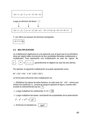 80
-{ } { } { }=++−+−−−+ nmnmppnm
Luego se eliminan las llaves { } :
-{ } { } { }=++−+−−−+ nmnmppnm - m – n + p + p – m + n + m + n
Y por último se reducen los términos semejantes
- m + n + 2p
2.3. MULTIPLICACION:
La multiplicación algebraica es una operación que al igual que en la aritmética,
tiene por objeto hallar el producto de dos cantidades llamadas multiplicando y
multiplicador. Para representar una multiplicación se usan los signos de
x , i ó ( ) ( ) , generalmente en álgebra se usan las dos últimas.
Por ejemplo, la siguiente multiplicación se puede representar como:
6x3
x 5x8
ó 6x3
• 5x8
ó (6x3
) (5x8
)
La forma para solucionar esta multiplicación es:
⇒ Multiplicar los signos de estos factores, en este caso, 6x3
• 5x8
vemos que
ambos son positivos (+) , porque en ninguno aparece el signo y cuando esto
sucede se sobreentiende que es +
⇒ Luego multiplicar los coeficientes 6 • 5 = 30
⇒ Luego multiplicar las bases, recordando las propiedades de la potenciación
x3
. x8
= x3+8
=
⇒ Entonces el resultado es
X11
30X11
 