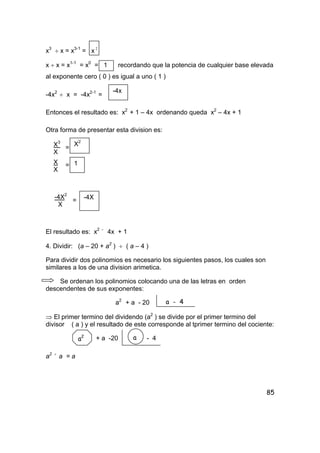 85
x3
÷ x = x3-1
= x 2
x ÷ x = x1-1
= x0
= 1 recordando que la potencia de cualquier base elevada
al exponente cero ( 0 ) es igual a uno ( 1 )
-4x2
÷ x = -4x2-1
=
Entonces el resultado es: x2
+ 1 – 4x ordenando queda x2
– 4x + 1
Otra forma de presentar esta division es:
=
=
=
El resultado es: x2 -
4x + 1
4. Dividir: (a – 20 + a2
) ÷ ( a – 4 )
Para dividir dos polinomios es necesario los siguientes pasos, los cuales son
similares a los de una division arimetica.
Se ordenan los polinomios colocando una de las letras en orden
descendentes de sus exponentes:
a2
+ a - 20
⇒ El primer termino del dividendo (a2
) se divide por el primer termino del
divisor ( a ) y el resultado de este corresponde al tprimer termino del cociente:
+ a -20 - 4
a2 ÷
a = a
-4x
X3
X
X2
X
X
1
-4X2
X
-4X
a - 4
a2 a
 