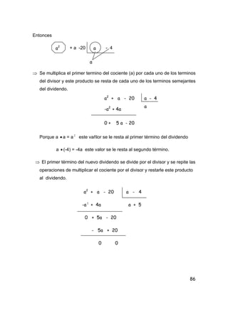 86
Entonces
+ a -20 - 4
⇒ Se multiplica el primer termino del cociente (a) por cada uno de los terminos
del divisor y este producto se resta de cada uno de los terminos semejantes
del dividendo.
Porque a • a = a 2
este vañlor se le resta al primer término del dividendo
a • (-4) = -4a este valor se le resta al segundo término.
⇒ El primer término del nuevo dividendo se divide por el divisor y se repite las
operaciones de multiplicar el cociente por el divisor y restarle este producto
al dividendo.
a2
+ a - 20 a - 4
-a 2
+ 4a a + 5
0 + 5a - 20
- 5a + 20
0 0
a2
a
a
a - 4
a
-a2
+ 4a
0 + 5 a - 20
a2
+ a - 20
 