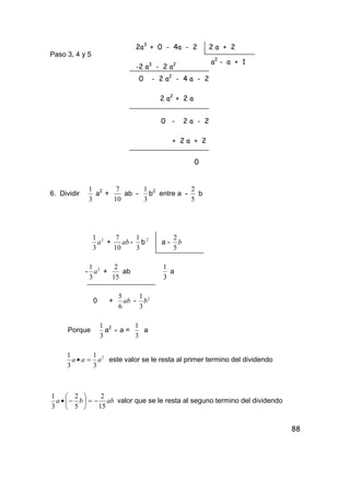 88
Paso 3, 4 y 5
6. Dividir
3
1
a2
+
10
7
ab -
3
1
b2
entre a -
5
2
b
2
3
1
a + ab
10
7
-
3
1
b 2
a - b
5
2
- 2
3
1
a +
15
2
ab
3
1
a
0 + ab
6
5
- 2
3
1
b
Porque
3
1
a2
÷ a =
3
1
a
2
3
1
3
1
aaa =• este valor se le resta al primer termino del dividendo
abba
15
2
5
2
3
1
−=





−• valor que se le resta al seguno termino del dividendo
2a3
+ 0 - 4a - 2
-2 a3
- 2 a2
0 - 2 a2
- 4 a - 2
2 a2
+ 2 a
0 - 2 a - 2
+ 2 a + 2
0
2 a + 2
a2
- a + 1
 