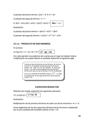 98
Cuadrado del primer término: (2x)² = 2² • x² = 4x²
Cuadrado del segundo término: 1² = 1
9. (6m² - a²m) (6m² +a²m) = (6m²)² -(a²m)² = 36m 244
ma−
Explicación:
Cuadrado del primer término = (6m²)² = 6²m4
= 36m4
Cuadrado del segundo término = (a²m)² = a2..2
m² = a4
m²
2.5.1.4. PRODUCTO DE DOS BINOMIOS:
Si se tiene:
(x+3)(x+5) = x² + 5x +3x +15 =
Con este ejemplo nos podemos dar cuenta que en lugar de realizar toda la
multiplicación se puede obtener el resultado aplicando la siguiente regla:
EJERCICIOS RESUELTOS
Resolver por simple inspección los siguientes ejercicios:
10. (x+5)(x-2) =
Explicación:
Multiplicación de los primeros términos de cada uno de los binomios x • x = x²
Suma algebraica de los dos segundos términos de los binomios multiplicada
por la raíz cuadrada del resultado anterior (5-2)x = 3x
X² +8x +15
Cuando se tiene el producto de dos binomios, de la forma
(x+a)(x+b), el resultado es igual al producto del primer
término de cada uno de los factores, en este caso
( (x)(x) = x²), mas la suma algebraica de los segundos
términos de cada uno de los factores (3+5=8), multiplicada
por la raìz cuadrada del resultado anterior (
2
x = x), mas
la multiplicación de los segundo términos de los factores
((3)(5) = 15).
x² +3x -10
 