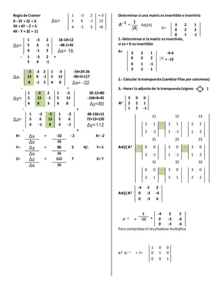 11 12 13
2 1 - 2 1 2 2
2 -1 1 -1 1 2
21 22 23
Adj(At - 0 0 3 0 - 3 0
2 -1 1 -1 1 2
31 32 33
0 0 - 3 0 3 0
2 1 2 1 2 2
3 2 1 -6-6
0 2 2 = -12
0 1 -1
3 2 1
0 2 2
1 -3 2 18-10+12
s= 5 6 -1 -48-1+45
4 -1 3 s= 16
- 1 -3 2 +
5 6 -1
A=
3 2 1
0 2 2
0 1 -1
Regla de Cramer
X - 3Y + 2Z = 6 s=
5X + 6Y C Z = 5
4X - Y + 3Z = 11
1 -3 2 1 -3 39-12+80
y= 5 13 -1 5 13 -104+8+45
4 8 3 4 8 y=80
- +
1 -3 -3 1 -3 48-156+15
z= 5 6 13 5 6 72+13+120
4 -1 8 4 -1 y=112
- +
Determinar si una matriz esinvertible e invertirla
1.-Determinarsi la matriz esinvertivle,
si es 0 esinvertible
A=
2.- Calcular la transpuesta (cambiar filas por columnas)
3.- Hacer la adjunta de la transpuesta (signos - )
3 0 0
At 2 2 1
1 2 -1
-4 3 2
Adj(At 0 -3 -6
0 -3 6
1 -4 3 2
A?1 = -12 * 0 -3 -6
0 -3 -6
Para comprobarel resultadose multiplica
1 0 0
A* A?1 = I= 0 1 0
0 0 1
-3 -3 2 1 -3 -54+24-26
x= 13 6 -1 5 13 -96+3+117
8 -1 3 4 8 x= -32
- +
X= x = -32 -2 X= -2
s 16
Y= y = 80 5 R/. Y= 5
s 16
Z= z = 112 7 Z= 7
s 16
1 -3 2 =-3
5 6 -1 13
4 -1 3 =8 Adj(A)
 
