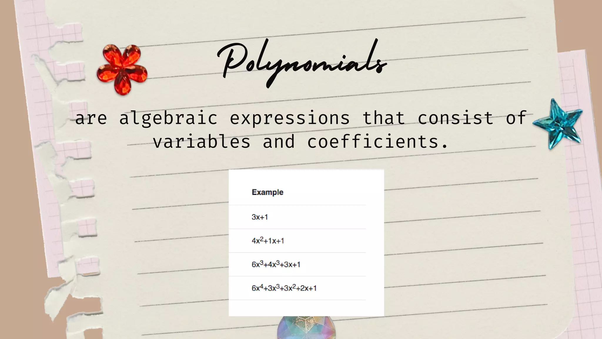 Polynomials
are algebraic expressions that consist of
variables and coefficients.