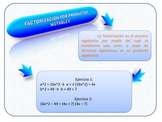 La factorización es el proceso
algebraico por medio del cual se
transforma una suma o resta de
términos algebraicos en un ...