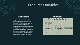 Los productos notables están
íntimamente relacionados con
fórmulas de factorización, por lo
que su aprendizaje facilita y
sistematiza la solución de diversas
multiplicaciones, permitiendo
simplificar expresiones algebraicas
complejas. Los productos notables
que se estudiarán son: Binomio al
cuadrado o cuadrado perfecto.
Definición: Fórmula:
Productos notables
 