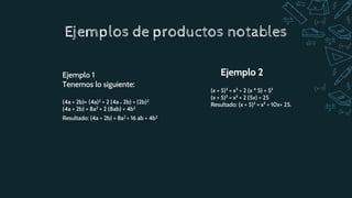 Ejemplos de productos notables
Ejemplo 1
Tenemos lo siguiente:
(4a + 2b)= (4a)2 + 2 (4a * 2b) + (2b)2
(4a + 2b) = 8a2 + 2 (8ab) + 4b2
Resultado: (4a + 2b) = 8a2 + 16 ab + 4b2.
(x + 5)² = x² + 2 (x * 5) + 5²
(x + 5)² = x² + 2 (5x) + 25
Resultado: (x + 5)² = x² + 10x+ 25.
Ejemplo 2
 