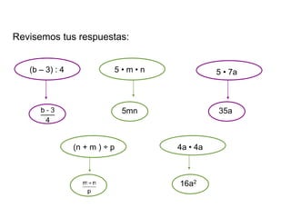 Revisemos tus respuestas:
(b – 3) : 4
(n + m ) ÷ p
5 • m • n
4a • 4a
5 • 7a
5mn 35a
16a2
 