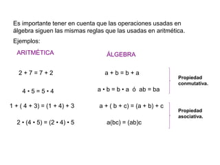 Es importante tener en cuenta que las operaciones usadas en
álgebra siguen las mismas reglas que las usadas en aritmética.
Ejemplos:
a + ( b + c) = (a + b) + c
a(bc) = (ab)c
ÁLGEBRA
2 + 7 = 7 + 2 a + b = b + a
a • b = b • a ó ab = ba
ARITMÉTICA
4 • 5 = 5 • 4
1 + ( 4 + 3) = (1 + 4) + 3
2 • (4 • 5) = (2 • 4) • 5
Propiedad
conmutativa.
Propiedad
asociativa.
 