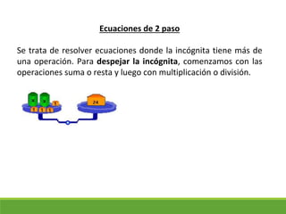 Ecuaciones de 2 paso
Se trata de resolver ecuaciones donde la incógnita tiene más de
una operación. Para despejar la incógnita, comenzamos con las
operaciones suma o resta y luego con multiplicación o división.
 