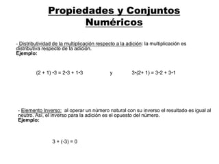 - Distributividad de la multiplicación respecto a la adición: la multiplicación es
distributiva respecto de la adición.
Ejemplo:
- Elemento Inverso: al operar un número natural con su inverso el resultado es igual al
neutro. Así, el inverso para la adición es el opuesto del número.
Ejemplo:
(2 + 1) •3 = 2•3 + 1•3 y 3•(2+ 1) = 3•2 + 3•1
3 + (-3) = 0
Propiedades y Conjuntos
Numéricos
 