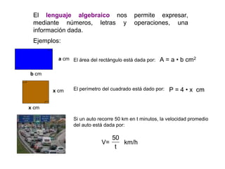 El lenguaje algebraico nos permite expresar,
mediante números, letras y operaciones, una
información dada.
Ejemplos:
El área del rectángulo está dada por:
El perímetro del cuadrado está dado por:
a cm
b cm
A = a • b cm2
x cm
x cm
P = 4 • x cm
Si un auto recorre 50 km en t minutos, la velocidad promedio
del auto está dada por:
V= km/h
 