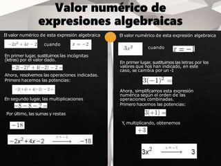 El valor numérico de esta expresión algebraica
cuando
En primer lugar, sustituimos las incógnitas
(letras) por el valor dado.
Ahora, resolvemos las operaciones indicadas.
Primero hacemos las potencias:
En segundo lugar, las multiplicaciones
Por último, las sumas y restas
El valor numérico de esta expresión algebraica
cuando
En primer lugar, sustituimos las letras por los
valores que nos han indicado, en este
caso, se cambia por un -1
Ahora, simplificamos esta expresión
numérica según el orden de las
operaciones combinadas.
Primero hacemos las potencias:
Y, multiplicando, obtenemos
 