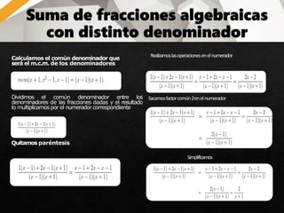 Calculamos el común denominador que
será el m.c.m. de los denominadores
Dividimos el común denominador entre los
denominadores de las fracciones dadas y el resultado
lo multiplicamos por el numerador correspondiente
Quitamos paréntesis
Realizamoslasoperacionesenelnumerador
Sacamosfactorcomún2enelnumerador
Simplificamos
 