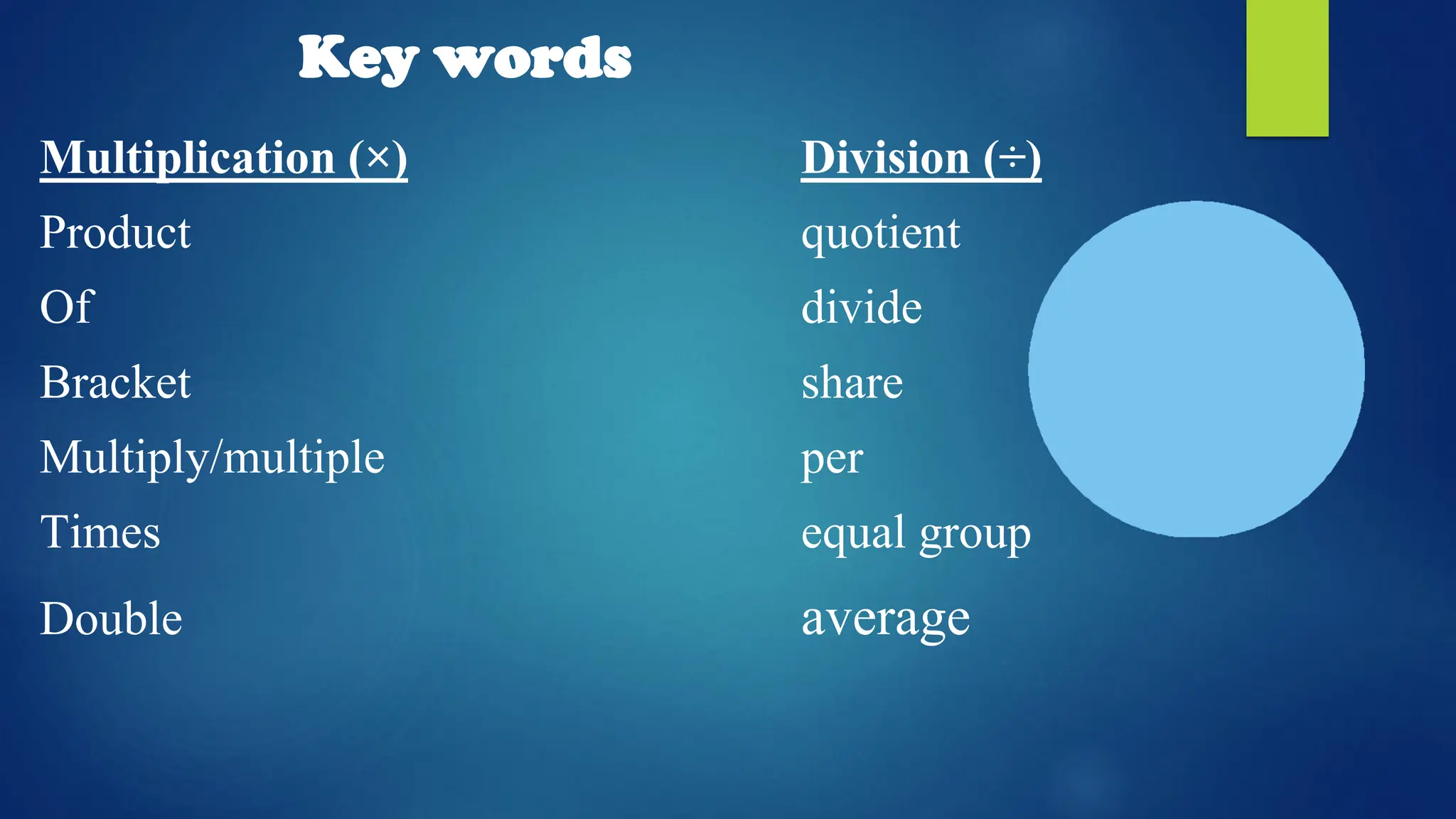 Multiplication (×) Division (÷)
Product quotient
Of divide
Bracket share
Multiply/multiple per
Times equal group
Double average
Key words
 