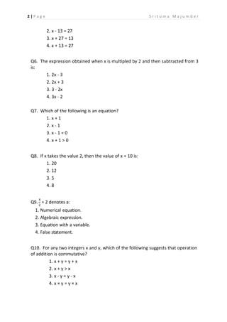 CBSE Grade 6 Mathematics Algebra Multiple Choice Questions Worksheet | PDF
