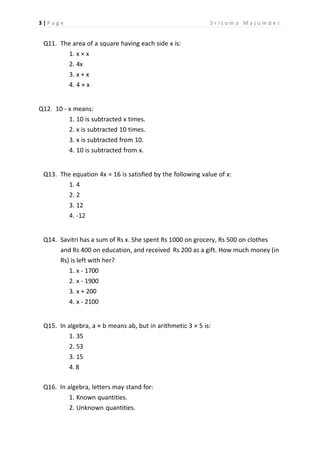 CBSE Grade 6 Mathematics Algebra Multiple Choice Questions Worksheet | PDF