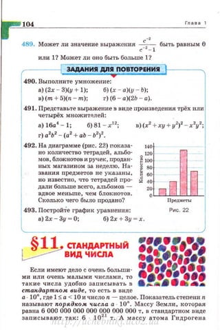 104 Глава 1
489. Может ли значение выражения ~ быть равным 6
с-2
- 1
или 1? Может ли оно быть больше 1?
3АДАНИА АдА ПОВТОРЕНИА
490. Выполните умножение:
а) (2х - З)(у + 1); б) (х - а)(у- Ь);
в)(m + 5)(n - m); г)(б - а)(2Ь - а) .
491. Представьте выражение в виде произведения трёх или
четырёх множитялей :
а) 1ба4
- 1; б) 81 - х12
; в) (х2
+ ху +у2
)2
- х2
у2
;
г) а2
Ь2
- (а2
+ аЬ - Ь2
)2
.
492. На диаграмме (рис. 22) показа-
но кОJШчество тетрадей , альбо­
мов, блокнотов и ручек , продан­
ных магазином за неделю . На­
звания предметов не указаны.
но известно, что тетрадей про­
дали больше всего, альбомов -
вдвое меньше, чем блокнотов.
Сколько чего было продано?
493. ПостройТе график уравнения :
140~120
~100 - -
~ :~ -
~ 40
20
о
Предметы
Рис. 22
а) 2х - Зу- О; б) 2х +Зу- х .
~ ~~ СТАНдАРТНЫЙ
~ ВИДЧИСЛА
Если имеют дело с очень больши ­
ми и ли очень малыми числами, то
такие числа удобно записывать в
стан,дартrtом виде, то есть в виде
-·~·-..-·· ~ .....11,,.:••::
····~·······-.......а · 10", где 1 5 а < 10 и ЧИСJIО n- целое. Показателъ степени n
называют порядком ч.исЛа а · 1011
• Массу Земли, ко·горая
равна 6 000 000 000 000 000 000 000 т, в стандартном виде
записывают так: 6 102 1
т. А массу атома Гидрогена
http://uchebniki.ucoz.ua
 