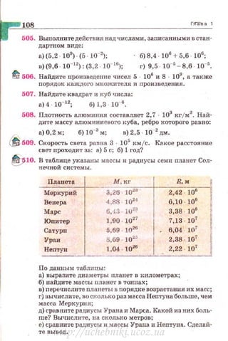 108 Г111ГВа 1
505. Выполните действия над числами, записанными в стан ­
дартном виде:
а) (5,2 · 109
) · (5 · 10-2
) ; б) 8,4 106
+ 5,6 · 106
;
в)(9,6 · 10- 12
): (3,2 10-16
); г) 9,5 · 10-5
- 8,6 10-5
•
~ 506. Найдите произведение чисел 5 106
и 8 109
, а также
порядок каждо го множи теля и произведения.
507. Найдите квадрат и куб числа:
а)4 - 10-12
; б) 1,3 - 10-6
•
508. Плотность алюминия составляет 2,7 · 103
кr/м3
• Най­
дите массу алюминиевого куба, ребро которого равно:
а) 0.2 м; б) 10-з м; в) 2,5 10-2 дм.
~,509. Скорость света равна 3 105
км;с. Какое расстояние
свет проходит за: а) 5 с ; б) 1 год?
~10. В таблице указаны массы и радиусы семи планет Сол­
нечной системы .
Планета М, кг R,м
Меркурий 3,26 1023 2,42 .
Венера 4,88 . 102·1 0,10 .
Марс 6,13· lUЦ 3,38 .
Юпитер 1,90 1027 7,13
Сатурн 5,69 . 1026 6,04 .
Уран 8,69. 1025 2,38 ·
Нептув 1,04 . 1026 2,22 .
По давным таблицы:
а) выразите диаметры планет в километрах;
б) найдите массы планет в тоннах;
106
106
106
107
107
107
107
в) перечислите пданеты в порядке возрастания их масс;
г) вычислите, во сколько раз масса Нептуна больше, чем
масса Меркурия;
д) сравните радиусы Урана и Марса. Какой из них боль·
ше? Вычислите, на сколько метров;
е) сравните радиусы и массы Урана и Нептупа. Сделай­
т е вывод.
http://uchebniki.ucoz.ua
 