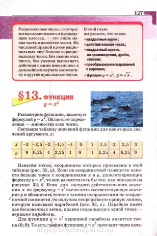 Рациональные числа, с которы·
ми вы ознакомились в nредыду·
щих классах, - Э'ТО лцшь ма ·
лая часть множества чнсел . На
числовой прямой кроме рацио·
нальных ещё больше перацио·
нальных чисел. Вез знанияЭ'I'ПХ
чисел, без умения выnолнять
действия с иими невозможно в
дальнейшем изучать математи·
ку и другие nрикладные науки.
о ФУНКЦИЯ
у=х•
В этойглаве
вы узпаете, что такое:
• DaAPSJМwe корим;
• Aeicnsмтe.nWtWeчМCAa;
• оа...ратнwй корен8о
мз npoМ38eAettM, ,qюбм,
c:тenetiМ;
• nреобраэоаанме выраа:екмй
с корнимм;
• функцмм у= ха, у = ./Х.
Рассмотрим Wункцию, заданную
:'~М:~й:н;;~~;:~;~:~~~е-
Составим таблицу зна чений функции для некоторых зна­
чений аргумента х :
Нанесём точки, координаты которых приведены в этой
таблице (рис . 32, а). Если на координатной плоскости нане·
сти больше точек с координатами х и у, удовлетворяющих
формулу у = х2
, то они разместились бы так, как показано на
рисунке 32, б. Если для каждого действи·rельного значе­
ния х по формуле у = х2
вычислить соответствующее значе·
jiИe у и обозначить точки с такими координатами на коорди·
lнатной плоскости ,rrо nолучим неnрерЫвную кривую линию,
которую называют параболой (рис. 32, в). Парабола. и меет
две бесконечных ветви, плавно сходящиес.я н одной точке ­
вершипе параболы. ,
Для функции у = х2
вершиной nараболы является точ ·
ка (0; О). То есть гр'"афик функции у = х2
проходи·r через нача·
http://uchebniki.ucoz.ua
 