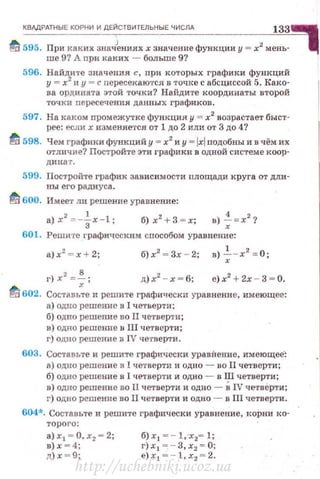 КВАдРАТНЫЕ КОРНИ И ДЕЙСТВИТЕЛЬНЫЕ ЧИСЛА 133
ti 595. При каких знаJениях х значение функции у= х2 мень­
ше 9? А nри каких - больше 9?
596. ~I~й~и:~ ~н:~:~::е~~;~:я~Отто~;:~~ ~~~:=с~~йф[.н;~о~
ва ордината этой точки? Найдите координаты второй
точ ки оересеttения данных графиков.
597. На каком nромежутке функция у = х2
возрастает быст­
рее: ес;ш х изменяется от 1 до 2 или от 3 до 4?
~ 598. Чем графики функций у = х2 и у = !х! подобны и в чём их
отличие? Постройте эти графики в одной системе коор-
динв::r.
599. Постройте график зависимости площади круга от дли­
ны его радиуса.
~ 600. Имеет m1 решение уравнение:
а) х2
=-~х-1; б)х2
+3 = х; в) ~= х2
?
601. Решите графи•1еским способом уравнение:
а)х2
=х+ 2; б)х2
= 3х - 2; в)~- х2
=0;
г) х2
=~ ; д)х2
-х= 6; е)х2
+ 2х - 3=0.
tfi 602. Составьте и решите графически уравнение, имеющее:
а) одно решение в I четверти;
б) одно решшmе во II четверти ;
в) одно решение в Ill четверти;
г) одно решеюJе в TV четверти.
603. Составьте и решите графпчес1ш уравНение, имеющее·:
а) одно решение в 1четверти и одно - во Il четверти;
б) одно решение в I четверти и одно - в Ш четверти;
в) одно решение во Il четверти и одно - В IV четверти;
г) одно решение во 11 четверти и одно - в III четверти .
604*. Составьте и решите графически уравнение, Iорни ко-
торого:
а) х 1 = О, х2 -2 ;
в)х - 4;
д)х -9;
б) х 1 = - 1,·х2= 1;
г)х 1 =- 3 ,х2 = 0;
e)x1 = - l,x2 =2.
http://uchebniki.ucoz.ua
 