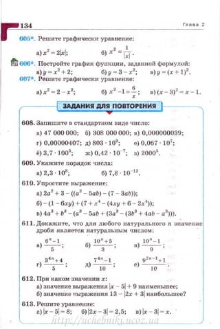 134 Гл а ва 2
605*. Решите графически уравнение:
2 1
а) х2
~ 2lxl; б) х ~ lxf.
~ 600*. Постройте график фуiЩции, заданной формулой:
а) у ~ х2
+ 2; б) у ~ 3 - х2
; в)у ~ (х + 1)2
•
607*. Решите графически уравнение:
а)х2
= 2 - х2
; б) х2
-1 = ~; в) (х - 3)2
= х - l.
3АДАНИ!I ДП!I ПОВТОРЕНИИ
608. Запишнте в стандартном виде число:
а) 47 000 000; б) 308 000 000; в) 0,000000039;
г) 0,00000407; д) 803 · 109
; е) 0,067 · 107
;
ё) 3,7 · 1005
; ж) 0,42 · 10-7
; з) 20005
.
609. Укажите порядок числа:
а) 2,3 · 108
; б) 7,8 · 10-12
•
610. Упростите выражение:
а) 2а2
+ 3 - ((а2
- 5аЬ)- (7 - 3аЬ));
б) - (1 - 6ху) + (7 + х4
- (4ху + 6 - 2х4
));
в) 4а3
+ Ь3
- (а3
- 5аЬ + (3а3
- (3Ь3
+ 4аЬ - а3
))).
611.Докажите. что для любого натуральногоn з~ачение
дроби является натуральным чи слом:
б п- 1
а) -5 - ; б) 10:+5;
10.. - 1
в) -9- ;
з4n + 4
г) -5- ;
7411
- 1
д) ---w-'
g2n - l + l
е) -1-0- .
612. При каком значении х :
а) значение выражения lx- 51 + 9 наименьшее;
б) значение выражения 13 - l2x + Зl наибольшее?
613. Решите уравнение:
a) jx - 5!~ 8; б) j2х - Зj ~ 2,5; в) !х - З! ~ х.
http://uchebniki.ucoz.ua
 