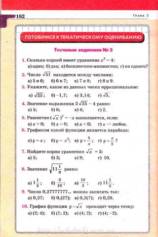 1. Сколько корней имеет уравнение х2
= 4:
а) один; б) два; в)бесконечноемножество; г) ни
2. Число J5I находится между числами:
а) 5 и 6; б) 6 и 7; в) 7 и 8; г) 8 и 9.
3. Укажите, какое из данных чисел иррациональное:
а) ./25; б) - 1,7; в) 3,14; г) J5. '
4. Значение выражения 2 J25 - 4 равно:
~~ ~~ ~~ ~L
5. Равенство ( Гх )2
= -х выполняется, если:
а)х > О; б)х = О; в) х < О; г) х - любое.
.6. Графиком какой функции является парабола:
б)у = х2 ; в)у = ~; г)у =!... ?
х 5
7. Найдите корни уравнения Гх = 3:
а) 5; б) 3; в) 9; г) 10.
8. Значение R равно:
3
б) 10'
10
в)з;
· 1
г) 11
3 .
9. Число 0,27777777... можна записать тliК:
а) 0,27; б) 0,(27); в) 0,2(7); г) 0,28.
10. График функции у = Гх проходит через точку:
а)(2; 4); б) (1; 2); в) (4; 2); г)(4; - 2).
http://uchebniki.ucoz.ua
 