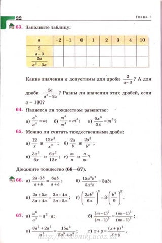 2
а - 3
2а
а 2
-За
Глава 1
10
Какие значения а допустимы для .дроби а~
3
? А для
дроби а2~За ? Равны ли значения этих дробей, если
а - 100?
64. Является ли тождеством ра венство:
а '
а)
7
= а;
65. Можно ли считать тождественными дроби:
12 1 2х 3
а) ~ и -т ;
2а 2а
2
б) ь и ьт- :
Докажите тождество (66- 67).
~ GG. а) 2а · ЗЬ =~ ;
а + Ь а +Ь
в) 2а +5а = 3а + 4а;
3а+ 4а 2а +5а
а ' .67. а)
7= а2
- а;
в) За
5
+ 2а
5
=~ ·
а5
2а5
+ а5
'
б) ( т - 1)
7
= (m - l)G .
(т-1)5
(..1~ - 1)3
'
г)х +у = (х+у)z .
х + у
http://uchebniki.ucoz.ua
 
