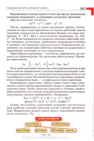 СВЕдЕНИЯ И З КУ РСА АЛГЕБРЫ 7 КЛАССА 247 ~
Перемножая стеnени одного и того же числа, показателн 1
стененей складывают, а основаnис оставляют nрежним .
Другие своUства степеней:
(a")m- am"; (аЬ)" - а' Ь".
Чнсла, переменныс, а также разл ичны е запис и, состав ­
ленные из чисел ил11 персменных и знаков действий, вместе
называют вwражени~ш. Выражения бывают •tисловые (на-
~f~1;)~РЕс;;в~;;а~~~1:е~~~~~:;~~~=l~К~:а:~:;йе:Т'в~~: ~~;~~
ме сложенил, вычитания, умножения, возведения в стеnень
и деления , его называют раци.опальны-'t. Рациональное вы­
ражен и е, не содержащее действин деления на вы ражение с
nеременной, на зыва ют це.~r ы.м. выражение.м.
Прос·rейш ие выражения - зто числа, переменные, их сте­
пени или nроизведения. Их называют oдno•tAenaм.u . Прим е­
ры одночленов:
4х; ~; -3х2
; -3-iam3
; 2ах 3ах2
•
Если одночлен имеет толькоодни числовой множитель и nри
этом стоит на первом месте, а каждая перемеш1ая входит толь­
ко в один множнтель, то такой одночлен называют одиоч11ен.ом
стаидартн.ого оида. Числовой м ножитель одночлена , записан­
ного в стандартном виде, - коэффициент этого одночлена.
Перемножвя. одночлены, между ними ставят знак умно ­
жения, и полрrе нн ое про изведение с водят к одночлену стан ­
да ртного вида. Чтобы возuсстн одночлен в стеnень, необхо­
димо возвести в эту степень каждый мuож итель Одlюtшена и
nолученные степени перем ножнть . Например,
2ах · (-3х2
) = 2 ·(- 3) · а х · х2
= -бах3
;
(0,3nc3
)
2
= 0,32
· n2
· (с3
)2
= 0,09n2
c6
•
Сумму нескольких одночленов щt зы вают .кноt о•tАен.о.м.
Для удобства каждый одночлен танже считают многочле­
ном. Взаи мосвязь разных видов целы х вы ражений показа­
на на схеме (рис. 72).
Рис. 72
http://uchebniki.ucoz.ua
 