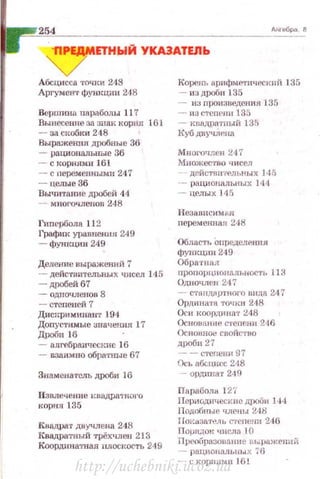 Абсцисса тоЧJш 243
Аргумент фушщ·.ш 248
Вершина паработ..l 117
Вынесение за знак корв.я .161
- за скобки 248
Выраженпя дробные 36
- рашюна.льпые 36
- с корнями 161
- с неремен.ными 247
- 1.~елыеЗ6
Вычитаюrе дробей 44
-- мноrочлепоn 248
Гиnербола 112
График уравнекия 249
- фymщmr 249
Дедение выражеmiй 1
- действительных чисел 145
- дробей67
- OДllOЧJICHOB 8
-степеней 7
Дискримmrант 194
Допустимые зна'-!ения 17
Дроби 16
- алгебраические 1б
- nзаимно обратпые 67
Знаменатель дроби 16
Пзnле<шние квадра'l·ного
корпя: 135
Кнадра•r двучлена 248
Itвадратный трёхчлен 21 3
КоордИН81'Н8Я llЛОСКОСТЬ 249
Корень арпфметическпй 135
- ИЗ дроби 135
- из nроизведения 135
- ИЗ СТСП('Шf 135
- кщщратпьrй 135
Куб ДВУЧЛР:Иf
Много•тен 247
Множество •1исе.n
-- действнтельных 145
-- радиоnальных 144
- целых 145
Независимь.я
перемею-ш.n 2-18
Область Определения
функщш249
Обратная
DIJOПOpii,.IIOШШhlfOCTЬ J J3
Одночлен 247
- C'ГlНIДRj)'fAOГO 81Щ8 24 7
Ордината точю1 248
Оси ноорщщлт 248
Основание с·rеnенн 246
Оснонное свойство
дробн27
-- стсrrенн Я7
Ось а0Сщ1сс 2 18
- ординат 249
Пь.раболt~ 127
Периодические дrюби J44
ПодООные члены 248
Но;·:нзат~ль с1·елшш 246
Порядок числа 1О
Прео()разовани е пь.ра.женн ~
- рациональны х 76
-- 1.: ROJЩffi.Ш 16!
http://uchebniki.ucoz.ua
 