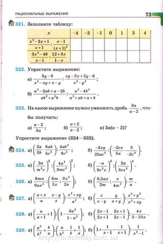 РАЦИОНАЛЬНЫЕ ВЫРАЖЕНИЯ
~ 321. Заполните таблицу:
- 4 - 3 - 1 о
х 2
- 2х+1 х 1
~' (х+1)'
х - 1 1 - х
322. Упростите выражение:
а) Зу - 9 . ху - 3х+2у - 6.
х 2
-ху+х - у · х2
- у 2
'
323. На какое выражение нужно умножить дробь ~,что­
а - 2
бы получить:
а - 2
а) за;
а+2
б)~; в) 3а(а - 2)?
Упростите выражение (324- 332).
,.., ( 2а баЬ ) 4аЬ'
~ 324. а) зь·5с2 : """"9с"2;
б) -Зху :(-2сх __ з_ )·
25ас 3
5а -2с3
325. а)(~)':(~)':m 2
c 3mc2
326. а) ~:(бт :!:.'_):9ах 2
5х 2n
б) ( 0,5ах : _х ): !':.
2m 4m2 а
#tJ (а+х х - у) х
2
+ху б) (-х---"-)· х
2
+у
2
327. а) _а_ _ _ х _ : -а-' - ; х - у х+у . х2+ху.
( а )( За') б)(~-~)·~328. а) ~+l : l - ~ ; 2х+1 2х-1 · 5 - 10х'
329. а) -+- : ---+- ; б) 1+ - -
1
- --
1
: - ,- .
(а' Ь ) ( а 1 1 ) ( 1 1 ) 1
ь2 а ь2 ь а х - х + х -1
http://uchebniki.ucoz.ua
 