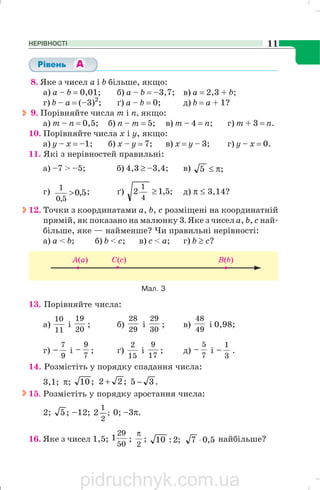 НЕРІВНОСТІ 11
8. Яке з чисел а і b більше, якщо:
а) а – b = 0,01; б) а – b = –3,7; в) a = 2,3 + b;
г) b – a = (–3)2
; ґ) а – b = 0; д) b = a + 1?
9. Порівняйте числа m і п, якщо:
a) m – n = 0,5; б) n – m = 5; в) m – 4 = n; г) m + 3 = n.
10. Порівняйте числа х і у, якщо:
а) у – х = –1; б) х – у = 7; в) х = у – 3; г) у – х = 0.
11. Які з нерівностей правильні:
а) –7 > –5; б) 4,3 ≥ –3,4; в) ;5 π≤
г) 5,0
5,0
1
> ; ґ) ;5,12
4
1
≥ д) π ≤ 3,14?
12. Точки з координатами a, b, c розміщені на координатній
прямій, як показано на малюнку 3. Яке з чисел а, b, с най
більше, яке — найменше? Чи правильні нерівності:
а) а < b; б) b < с; в) с < а; г) b ≥ c?
13. Порівняйте числа:
а)
11
10
і
20
19
; б)
29
28
і
30
29
; в)
49
48
і 0,98;
г)
9
7
− і
7
9
− ; ґ)
15
2
і
17
9
; д)
7
5
− і
3
1
− .
14. Розмістіть у порядку спадання числа:
3,1; π; ;10 ;22 + .35 −
15. Розмістіть у порядку зростання числа:
2; ;5 –12; ;
2
1
2 0; –3π.
16. Яке з чисел 1,5;
50
29
1 ;
2
π
; ;2:10 5,07 ⋅ найбільше?
Мал. 3
pidruchnyk.com.ua
 
