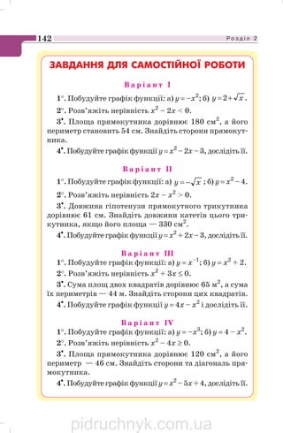 Р о з д і л 2142
ЗАВДАННЯ ДЛЯ САМОСТІЙНОЇ РОБОТИ
В а р і а н т I
1°. Побудуйте графік функції: а) у = –х2
; б) .2 xy +=
2°. Розв’яжіть нерівність х2
– 2х  0.
3•
. Площа прямокутника дорівнює 180 см2
, а його
периметр становить 54 см. Знайдіть сторони прямокут
ника.
4•
. Побудуйте графік функції y =х2
– 2х – 3, дослідіть її.
В а р і а н т II
1°. Побудуйте графік функції: а) xy −= ; б) у = х2
– 4.
2°. Розв’яжіть нерівність 2х – х2
 0.
3•
. Довжина гіпотенузи прямокутного трикутника
дорівнює 61 см. Знайдіть довжини катетів цього три
кутника, якщо його площа — 330 см2
.
4•
. Побудуйте графік функції у =x2
+2х– 3, дослідіть її.
В а р і а н т III
1°. Побудуйте графік функції: а) у = х–1
; б) у = х2
+ 2.
2°. Розв’яжіть нерівність х2
+ 3х ≤ 0.
3•
. Сума площ двох квадратів дорівнює 65 м2
, а сума
їх периметрів — 44 м. Знайдіть сторони цих квадратів.
4•
. Побудуйте графік функції у = 4х – х2
і дослідіть її.
В а р і а н т IV
1°. Побудуйте графік функції: а) у = –х3
; б) у = 4 – х2
.
2°. Розв’яжіть нерівність х2
– 4х ≥ 0.
3•
. Площа прямокутника дорівнює 120 см2
, а його
периметр — 46 см. Знайдіть сторони та діагональ пря
мокутника.
4•
. Побудуйте графік функції y =х2
–5х+ 4, дослідіть її.
pidruchnyk.com.ua
 