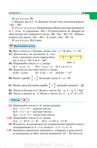НЕРІВНОСТІ 19
В і д п о в і д ь. Ні.
3. Відомо, що т ≥ –5. Додатне чи від’ємне значення виразу
–3т – 20?
✔ Р о з в ’ я з а н н я. Помножимо обидві частини нерівності
т ≥ –5 на –3, одержимо –3т ≤ 15 (властивість 4). Додамо до
обох частин цієї нерівності число –20: –3m – 20 ≤ 15 – 20 (вла
стивість 2), звідси –3m – 20 ≤ –5, отже, –3m – 20 < 0.
В і д п о в і д ь. Від’ємне.
56. Яке з чисел а і с більше, якщо: а) а – с < 0; б) а – с > 2?
57. Дивлячись на малюнок 5, ска
жіть, значення якого виразу біль
ше: a чи a + 2b; b чи b – 2a?
58. Порівняйте числа х і z, якщо:
а) х < у і у < z; б) х > у і у > z; в) х ≤ а і а ≤ z.
59. Додатне чи від’ємне число п, якщо:
а) 3n < 3,5n; б) –1,5n > –n; в) 0,2n < –n?
60. Який з дробів
a
1
і
b
1
більший, якщо b < а < 0?
61. Який з двох від’ємних дробів
y
x
і
x
y
менший, якщо |x| < |у|?
62. Число а більше за 1. Яким є число: 3а, –а, 1 – а, 1 + 2а?
63. Число х менше за –1. Яким є число: 5x, 5 – х, х4
, 2 + x2
?
64. Порівняйте числа а і b, якщо різниці:
а) а – с і с – b — додатні числа;
б) b – с і с – а — від’ємні числа;
в) а – п і п – b — невід’ємні числа.
65. Порівняйте числа а і b, якщо:
а) а – с > 0 і b – с < 0; б) а – х ≤ 0 і х – b ≤ 0.
66. Покажіть, як розміщені на координатній прямій точки з
координатами а, b, с і d, якщо а < с, b > с, d > b.
67. Запишіть правильну нерівність, утворену в результаті:
а) додавання до обох частин нерівності 12 < 18 числа 5;
Мал. 5
pidruchnyk.com.ua
 