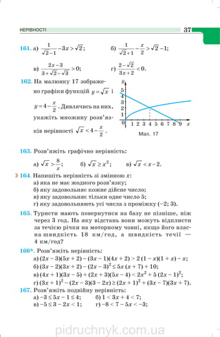НЕРІВНОСТІ 37
161. а) ;23
12
1
>−
−
x б) ;12
212
1
−>−
+
x
в) ;0
323
32
>
−+
−x
г) .0
23
22
<
+
−
x
162. На малюнку 17 зображе
но графіки функцій xy = і
2
4
x
y −= . Дивлячись на них,
укажіть множину розв’яз
ків нерівності
2
4
x
x −< .
163. Розв’яжіть графічно нерівність:
а) ;
8
x
x > б) ;2
xx ≥ в) .2−< xx
164. Напишіть нерівність зі змінною х:
а) яка не має жодного розв’язку;
б) яку задовольняє кожне дійсне число;
в) яку задовольняє тільки одне число 5;
г) яку задовольняють усі числа з проміжку (–2; 3).
165. Туристи мають повернутися на базу не пізніше, ніж
через 3 год. На яку відстань вони можуть відплисти
за течією річки на моторному човні, якщо його влас
на швидкість 18 км/год, а швидкість течії —
4 км/год?
166*. Розв’яжіть нерівність:
а) (2х – 3)(5х + 2) – (3x – 1)(4x + 2) > 2 (1 – х)(1 + x) – x;
б) (3х – 2)(3х + 2) – (2x – 3)2
≤ 5х (x + 7) + 10;
в) (4х + 1)(3х – 5) + (2x + 3)(5x – 4) < 2x2
+ 5 (2x – 1)2
;
г) (3х + 1)2
– (2х – 3)(3 – 2х) ≥ (2х + 1)2
+ (3х – 7)(3x + 7).
167. Розв’яжіть подвійну нерівність:
а) –3 ≤ 5х – 1 ≤ 4; б) 1 < 3x + 4 < 7;
в) –5 ≤ 3 – 2x < 1; г) –8 < 7 – 5x < –3;
Мал. 17
pidruchnyk.com.ua
 