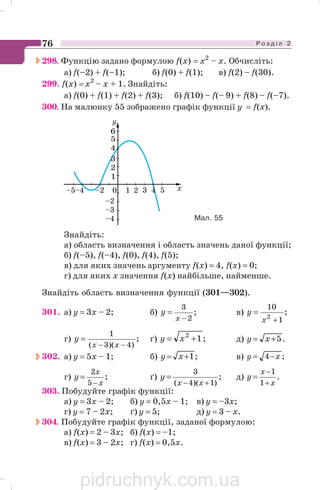 Р о з д і л 276
298. Функцію задано формулою f(x) = х2
– х. Обчисліть:
а) f(–2) + f(–1); б) f(0) + f(1); в) f(2) – f(30).
299. f(x) = х2
– х + 1. Знайдіть:
а) f(0) + f(1) + f(2) + f(3); б) f(10) – f(– 9) + f(8) – f(–7).
300. На малюнку 55 зображено графік функції у = f(x).
y
x1 20–2 3 4 5
5
1
2
3
6
4
–4–5
–2
–3
–4 Мал. 55
Знайдіть:
а) область визначення і область значень даної функції;
б) f(–5), f(–4), f(0), f(4), f(5);
в) для яких значень аргументу f(x) = 4, f(x) = 0;
г) для яких х значення f(x) найбільше, найменше.
Знайдіть область визначення функції (301—302).
301. а) у = 3х – 2; б) ;
2
3
−
=
x
y в) ;
1
10
2
+
=
x
y
г) ;
)4)(3(
1
−−
=
xx
y ґ) ;12
+= xy д) .5+= xy
302. а) у = 5х – 1; б) ;1+= xy в) ;4 xy −=
г) ;
5
2
x
x
y
−
= ґ) ;
)1)(4(
3
+−
=
xx
y д) .
1
1
x
x
y
+
−
=
303. Побудуйте графік функції:
а) у = 3х – 2; б) у = 0,5х – 1; в) у = –3х;
г) у = 7 – 2х; ґ) у = 5; д) у = 3 – х.
304. Побудуйте графік функції, заданої формулою:
а) f(x) = 2 – 3х; б) f(x) = –1;
в) f(x) = 3 – 2х; г) f(x) = 0,5х.
pidruchnyk.com.ua
 