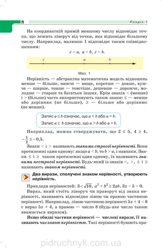 Р о з д і л 18
Мал. 1
На координатній прямій меншому числу відповідає точ
ка, що лежить ліворуч від точки, яка відповідає більшому
числу. Наприклад, малюнок 1 відповідає таким співвідно
шенням:
с < а, а < b, с < b.
Нерівність — абстрактна математична модель відношень
менше — більше, нижче — вище, коротше — довше, вуж
че — ширше, тонше — товстіше, дешевше — дорожче, мо
лодше — старше та багатьох інших. Крім знаків < (менше)
і > (більше) часто використовують також знаки: ≤ — менше
або дорівнює (не більше), ≥ — більше або дорівнює
(не менше).
Запис а ≤ b означає, що а < b або а = b.
Запис а ≥ b означає, що а > b або а = b.
Наприклад, можна стверджувати, що 2 ≤ 5, 4 ≥ 4,
.5,0
2
1 −≤−
Знаки < і > називають знаками строгої нерівності. Вони
протилежні один одному: якщо а < b, то b > а, і навпаки. Зна
ки ≤ і ≥ також протилежні один одному, їх називають зна
ками нестрогої нерівності. Будь який із знаків <, >, ≤ і ≥
називають знаком нерівності.
Два вирази, сполучені знаком нерівності, утворюють
нерівність.
Приклади нерівностей: ,103 < а2
+ b2
≥ 2ab, 3х – 5 > 0.
Вираз, який стоїть ліворуч чи праворуч від знака не
рівності, називають відповідно лівою чи правою частиною
нерівності. Наприклад, лівою частиною нерівності 5х + 4 < 8
є вираз 5х + 4, а правою — число 8 (будь яке число також
вважається виразом).
Якщо обидві частини нерівності — числові вирази, її на
зивають числовою нерівністю. Такі нерівності бувають пра
pidruchnyk.com.ua
 