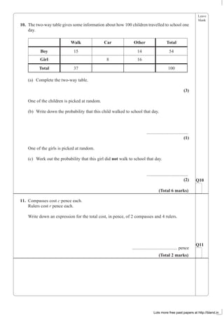 Leave
blank
10. The two-way table gives some information about how 100 children travelled to school one
day.
Walk Car Other Total
Boy 15 14 54
Girl 8 16
Total 37 100
(a) Complete the two-way table.
(3)
One of the children is picked at random.
(b) Write down the probability that this child walked to school that day.
.....................................
(1)
One of the girls is picked at random.
(c) Work out the probability that this girl did not walk to school that day.
.....................................
(2)
11. Compasses cost c pence each.
Rulers cost r pence each.
Write down an expression for the total cost, in pence, of 2 compasses and 4 rulers.
........................................ pence
Q10
(Total 6 marks)
Q11
(Total 2 marks)
Lots more free past papers at http://bland.in
 