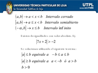 Existen desigualdades con valor absoluto. Ej. Se solucionan utilizando el siguiente teorema: 