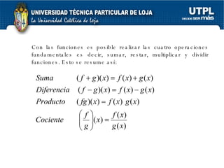 Con las funciones es posible realizar las cuatro operaciones fundamentales es decir, sumar, restar, multiplicar y dividir funciones. Esto se resume así: 