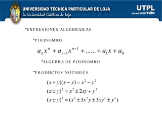 EXPRESIONES ALGEBRAICAS POLINOMIOS ALGEBRA DE POLINOMIOS PRODUCTOS NOTABLES 