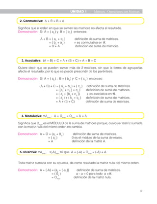 20
UNIDAD 1 - Matrices - Operaciones con Matrices
2. Si A = verificar que ( A )T
= AT
.
Verificación:
A = ⇒ A = = ⇒ ( A )T...