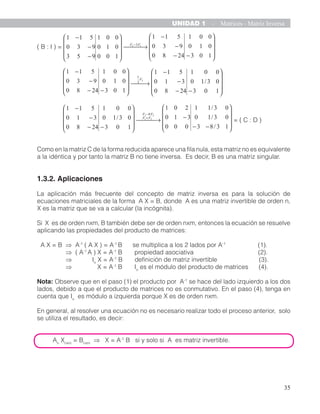 38
UNIDAD 1 - Matrices - Matriz Inversa
Ejercicios propuestos:
1. Halle si existe la matriz inversa de:
a) b) c) .
2. Si A...