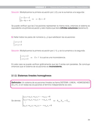 62
UNIDAD 2 - Sistema de Ecuaciones Lineales - Generalidades
3. Escriba ejemplos de sistemas de ecuaciones lineales con la...