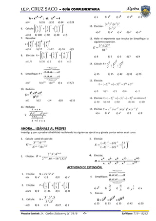 Algebra   seleccion primaria - i bimestre - 2014