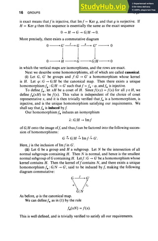 16 GROUPS I, §3
is exact means that! is injective, that Im j"= Ker g, and that 9 is surjective. If
H = Ker 9 then this sequence is essentially the same as the exact sequence
o~ H ~ G -+ G/H -+ O.
More precisely, there exists a commutative diagram
O~G'~G~G"~O
j j j
O~H~G~G/H~O
in which the vertical maps are isomorphisms, and the rows are exact.
Next we describe some homomorphisms, all of which are called canonical.
(i) Let G, G' be groups and f: G ~ G' a homomorphism whose kernel
is H. Let tp : G -+ G/H be the canonical map. Then there exists a unique
hornomorphism f, : G/H ~ G' such that! =!* 0 <p, and j, is injective.
To define j',, let xH be a coset of H. Since !(xy) = !(x) for all y E H, we
define !*(xH) to be !(x). This value is independent of the choice of coset
representative x, and it is then trivially verified that j, is a homomorphism, is
injective, and is the unique homomorphism satisfying our requirements. We
shall say that j, is induced by[.
Our hornomorphism j, induces an isomorphism
A.: G/H -+ Imj'
of G/H onto the image off, and thus!can be factored into the following succes-
sion of homomorphisms :
G s. G/H ~ 1m!.!... G'.
Here, j is the inclusion of Im j" in G'.
(ii) Let G be a group and H a subgroup. Let N be the intersection of all
normal subgroups containing H. Then N is normal, and hence is the smallest
normal subgroup of G containing H. Letj" : G -+ G' be a homomorphism whose
kernel contains H. Then the kernel of! contains N, and there exists a unique
homomorphism j, : G/N -+ G', said to be induced by f, making the following
diagram commutative:
G~G'
 J.
GIN
As before, <p is the canonical map.
We can define f, as in (1) by the rule
This is well defined, and is trivially verified to satisfy all our requirements.
 