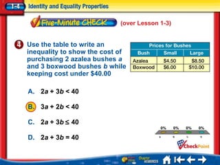 (over Lesson 1-3)


Use the table to write an
inequality to show the cost of
purchasing 2 azalea bushes a
and 3 boxwood bushes b while
keeping cost under $40.00

A. 2a + 3b < 40

B. 3a + 2b < 40
                                                  A.    A
C. 2a + 3b < 40                                   B.    B
                                            0%   0%    0%   0%
                                                  C.    C
D. 2a + 3b = 40




                                                 B




                                                       C




                                                            D
                                        A
                                                  D.    D
 