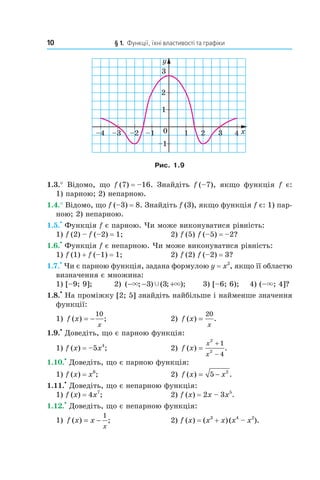 10 § 1. Функції, їхні властивості та графіки
Рис. 1.9
1.3.° Відомо, що f (7) = –16. Знайдіть f (–7), якщо функція f є:
1) парною; 2) непарною.
1.4.° Відомо, що f (–3) = 8. Знайдіть f (3), якщо функція f є: 1) пар­
ною; 2) непарною.
1.5.
•
Функція f є парною. Чи може виконуватися рівність:
1) f (2) – f (–2) = 1; 2) f (5) f (–5) = –2?
1.6.
•
Функція f є непарною. Чи може виконуватися рівність:
1) f (1) + f (–1) = 1; 2) f (2) f (–2) = 3?
1.7.
•
Чи є парною функція, задана формулою y = x2
, якщо її областю
визначення є множина:
1) [–9; 9]; 2) ( ; ) ( ; );− − +× ×Ÿ3 3 3) [–6; 6); 4) (–×; 4]?
1.8.
•
На проміжку [2; 5] знайдіть найбільше і найменше значення
функції:
1) f x
x
( ) ;= −
10
2) f x
x
( ) .=
20
1.9.
•
Доведіть, що є парною функція:
1) f (x) = –5x4
; 2) f x
x
x
( ) .=
+
−
2
2
1
4
1.10.
•
Доведіть, що є парною функція:
1) f (x) = x6
; 2) f x x( ) .= −5 2
1.11.
•
Доведіть, що є непарною функція:
1) f (x) = 4x7
; 2) f (x) = 2x – 3x5
.
1.12.
•
Доведіть, що є непарною функція:
1) f x x
x
( ) ;= −
1
2) f (x) = (x3
+ x)(x4
– x2
).
 