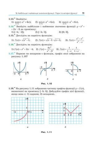 1. Найбільше і найменше значення функції. Парні та непарні функції 11
1.13.
••
Знайдіть:
1) max ( );
[ ; ]1 2
2
6− +x x 2) min ( );
[ ; ]1 4
2
6− +x x 3) max ( ).
[ ; ]4 5
2
6− +x x
1.14.
••
Знайдіть найбільше і найменше значення функції y = x2
+
+ 2x – 8 на проміжку:
1) [–5; –2]; 2) [–5; 1]; 3) [0; 3].
1.15.
••
Дослідіть на парність функцію:
1) f x x( ) ;= −2
1 2) f x x x( ) ;= − +1 1æ 3) f x
x x
x x
( ) .=
−
−
4 2
3
1.16.
••
Дослідіть на парність функцію:
1) f (x) = x2
+ 2x – 4; 2) f x
x
x
( ) ;=
−
6
9
3
2
3) f x
x x
( ) .= +
− +
1
1
1
1
1.17.
••
Парною чи непарною є функція, графік якої зображено на
рисунку 1.10?
а б в
Рис. 1.10
1.18.
••
На рисунку 1.11 зображено частину графіка функції y = f (x),
визначеної на проміжку [–5; 5]. Добудуйте графік цієї функції,
якщо вона є: 1) парною; 2) непарною.
а б
Рис. 1.11
 