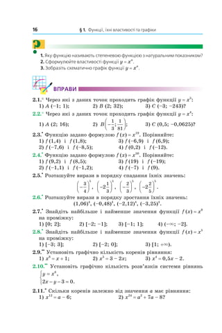 16 § 1. Функції, їхні властивості та графіки
?1. Яку функцію називають степеневою функцією з натуральним показником?
2. Сформулюйте властивості функції y = xn
.
3. Зобразіть схематично графік функції y = xn
.
ВпраВи
2.1.° Через які з даних точок проходить графік функції y = x5
:
1) A (–1; 1); 2) B (2; 32); 3) C (–3; –243)?
2.2.° Через які з даних точок проходить графік функції y = x4
:
1) A (2; 16); 2) B −




1
3
1
81
; ; 3) C (0,5; –0,0625)?
2.3.
•
Функцію задано формулою f (x) = x19
. Порівняйте:
1) f (1,4) і f (1,8); 3) f (–6,9) і f (6,9);
2) f (–7,6) і f (–8,5); 4) f (0,2) і f (–12).
2.4.
•
Функцію задано формулою f (x) = x50
. Порівняйте:
1) f (9,2) і f (8,5); 3) f (19) і f (–19);
2) f (–1,1) і f (–1,2); 4) f (–7) і f (9).
2.5.
•
Розташуйте вирази в порядку спадання їхніх значень:
−




3
4
5
, −



2
1
3
5
, −




2
3
5
, −



2
2
5
5
.
2.6.
•
Розташуйте вирази в порядку зростання їхніх значень:
(1,06)4
, (–0,48)4
, (–2,12)4
, (–3,25)4
.
2.7.
•
Знайдіть найбільше і найменше значення функції f (x) = x8
на проміжку:
1) [0; 2]; 2) [–2; –1]; 3) [–1; 1]; 4) (–×; –2].
2.8.
•
Знайдіть найбільше і найменше значення функції f (x) = x5
на проміжку:
1) [–3; 3]; 2) [–2; 0]; 3) [1; +×).
2.9.
••
Установіть графічно кількість коренів рівняння:
1) x8
= x + 1; 2) x5
= 3 – 2x; 3) x4
= 0,5x – 2.
2.10.
••
Установіть графічно кількість розв’язків системи рівнянь
y x
x y
=
− − =



6
2 3 0
,
.
2.11.* Скільки коренів залежно від значення a має рівняння:
1) x12
= a – 6; 2) x24
= a2
+ 7a – 8?
 